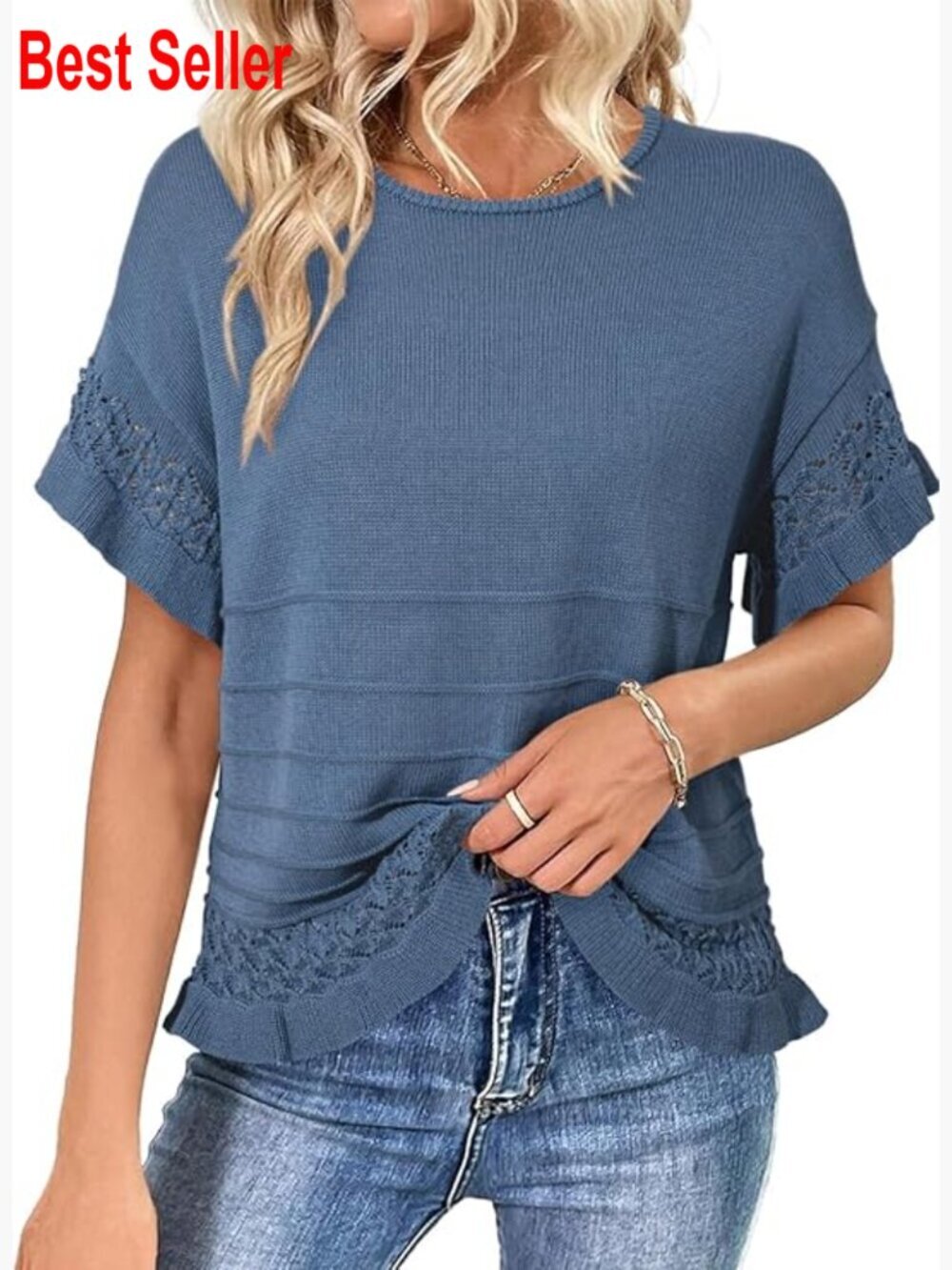 Short Sleeve Oversized Knit Pullover Sweater Ruffle Hem Crochet Blouse
